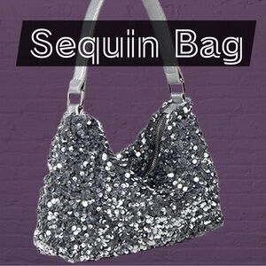 Allover Silver Sequins Silver Faux Leather Shoulder Strap Evening/Party Bag NWT
